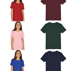 Peut inclure: Une collection de t-shirts unis de couleur rouge, bordeaux, vert fonc&eacute;, bleu et rose. Les t-shirts sont &agrave; manches courtes et ont un col rond. L'image montre &eacute;galement une jeune personne portant les t-shirts rouges, roses et bleus.