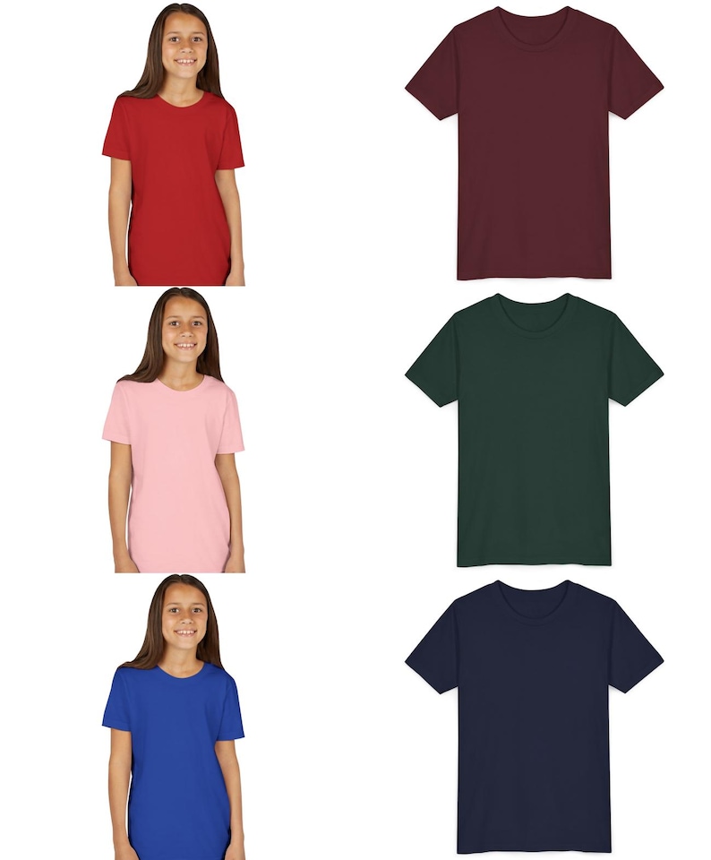 Peut inclure: Une collection de t-shirts unis de couleur rouge, bordeaux, vert fonc&eacute;, bleu et rose. Les t-shirts sont &agrave; manches courtes et ont un col rond. L'image montre &eacute;galement une jeune personne portant les t-shirts rouges, roses et bleus.
