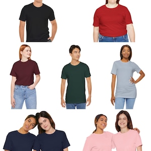 Peut inclure: Plusieurs t-shirts &agrave; manches courtes de diff&eacute;rentes couleurs : noir, rouge, bordeaux, vert fonc&eacute;, bleu clair, marine et rose. Les chemises sont pr&eacute;sent&eacute;es sur diff&eacute;rentes personnes, mettant en valeur la gamme de couleurs.