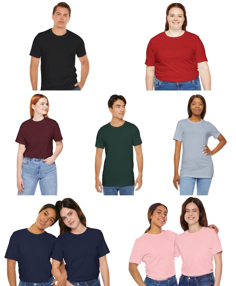 Peut inclure: Plusieurs t-shirts &agrave; manches courtes de diff&eacute;rentes couleurs : noir, rouge, bordeaux, vert fonc&eacute;, bleu clair, marine et rose. Les chemises sont pr&eacute;sent&eacute;es sur diff&eacute;rentes personnes, mettant en valeur la gamme de couleurs.