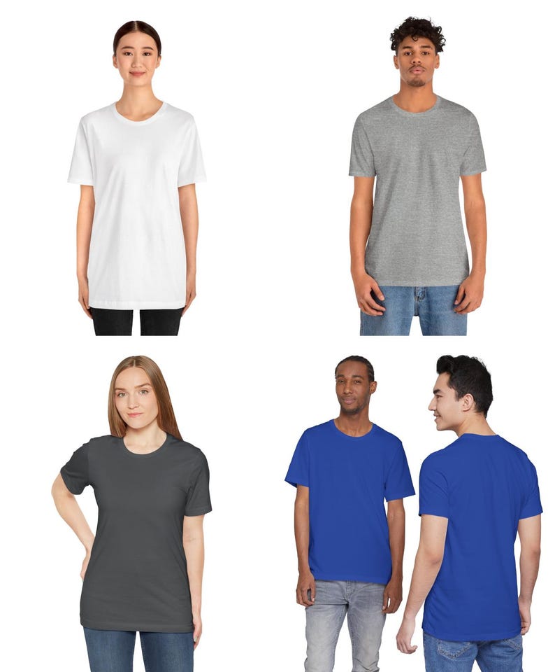 Peut inclure: Quatre t-shirts de couleurs diff&eacute;rentes sont pr&eacute;sent&eacute;s. Un t-shirt blanc, un t-shirt gris, un t-shirt gris fonc&eacute; et un t-shirt bleu. Tous les t-shirts ont des manches courtes et un col rond.
