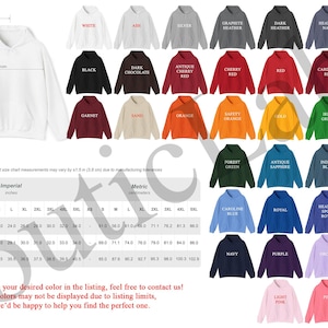 Peut inclure: Image pr&eacute;sentant des sweats &agrave; capuche de diff&eacute;rentes couleurs, dont blanc, noir et rouge. L'image comprend &eacute;galement un tableau des tailles avec des mesures en centim&egrave;tres et le texte : "Si vous ne voyez pas la couleur souhait&eacute;e dans la liste, n'h&eacute;sitez pas &agrave; nous contacter !"