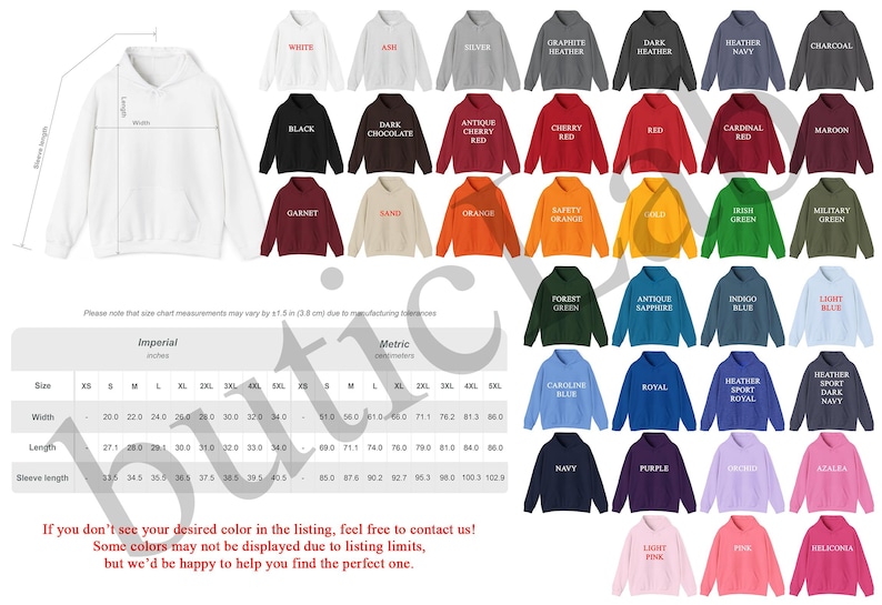 Peut inclure: Image pr&eacute;sentant des sweats &agrave; capuche de diff&eacute;rentes couleurs, dont blanc, noir et rouge. L'image comprend &eacute;galement un tableau des tailles avec des mesures en centim&egrave;tres et le texte : "Si vous ne voyez pas la couleur souhait&eacute;e dans la liste, n'h&eacute;sitez pas &agrave; nous contacter !"