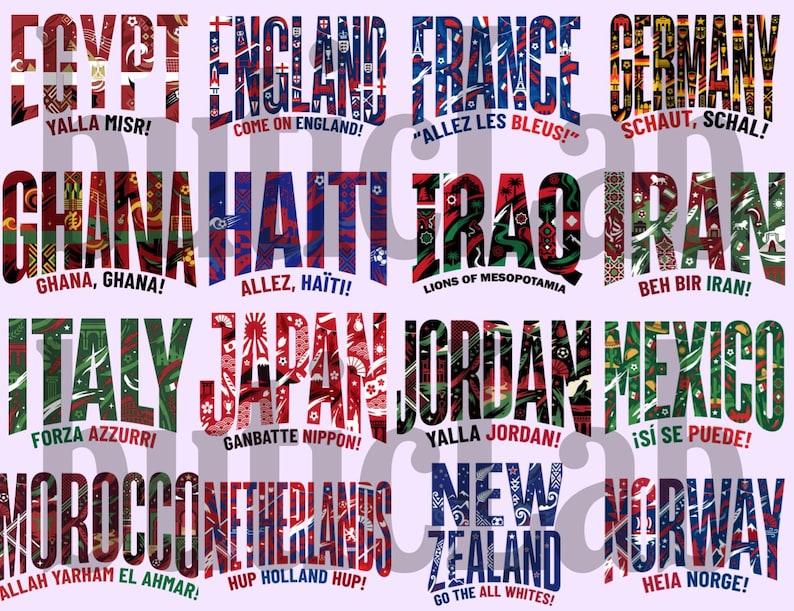 Peut inclure: Une affiche pr&eacute;sentant les noms de diff&eacute;rents pays dans une typographie audacieuse et stylis&eacute;e, chacun rempli de motifs et de couleurs repr&eacute;sentant leurs drapeaux. Des phrases comme "Yalla Misr!" et "Come on England!" sont incluses.