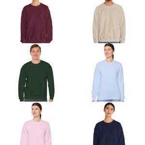 Peut inclure: Pr&eacute;sentation de six sweatshirts &agrave; col ras du cou de couleurs unies vari&eacute;es. Les couleurs incluent bordeaux, beige, vert fonc&eacute;, bleu clair, rose et bleu marine. Chaque sweat-shirt a des manches longues et un design classique et d&eacute;contract&eacute;.