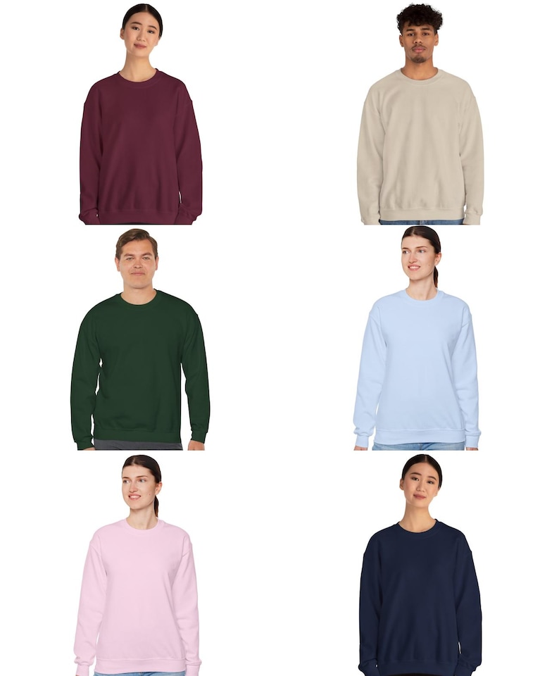 Peut inclure: Pr&eacute;sentation de six sweatshirts &agrave; col ras du cou de couleurs unies vari&eacute;es. Les couleurs incluent bordeaux, beige, vert fonc&eacute;, bleu clair, rose et bleu marine. Chaque sweat-shirt a des manches longues et un design classique et d&eacute;contract&eacute;.
