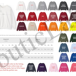 Peut inclure: Pr&eacute;sentation de sweatshirts &agrave; col rond de diff&eacute;rentes couleurs, dont blanc, rouge et bleu. L'image affiche un tableau des tailles avec des mesures en centim&egrave;tres et pouces, ainsi que du texte sur les couleurs et le service client.