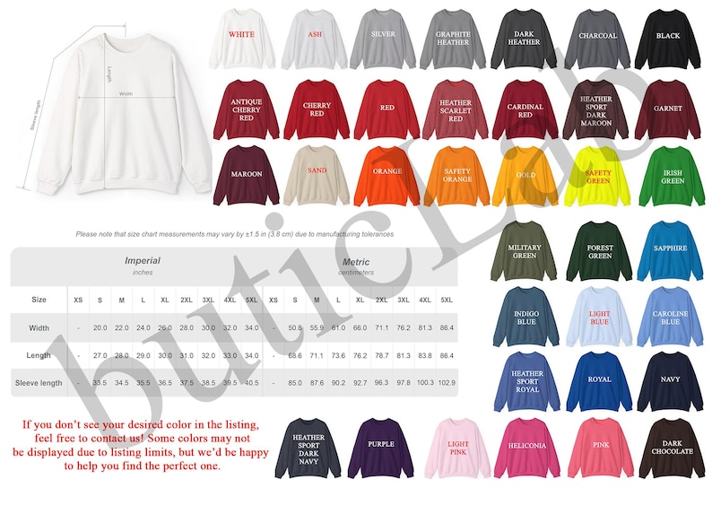 Peut inclure: Pr&eacute;sentation de sweatshirts &agrave; col rond de diff&eacute;rentes couleurs, dont blanc, rouge et bleu. L'image affiche un tableau des tailles avec des mesures en centim&egrave;tres et pouces, ainsi que du texte sur les couleurs et le service client.