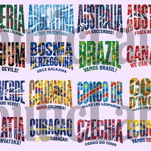 Peut inclure: Plusieurs cr&eacute;ations textuelles color&eacute;es repr&eacute;sentant des pays comme l'Alg&eacute;rie, l'Argentine et l'Australie. Chaque design int&egrave;gre les couleurs des drapeaux et des phrases telles que "Go Socceros!" et "Vamos Argentina!" sur fond violet clair.