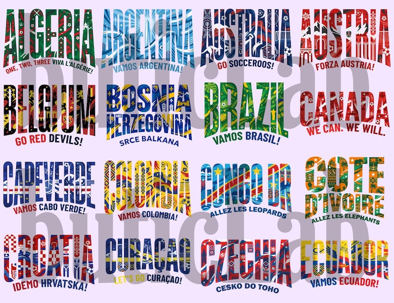 Peut inclure: Plusieurs cr&eacute;ations textuelles color&eacute;es repr&eacute;sentant des pays comme l'Alg&eacute;rie, l'Argentine et l'Australie. Chaque design int&egrave;gre les couleurs des drapeaux et des phrases telles que "Go Socceros!" et "Vamos Argentina!" sur fond violet clair.