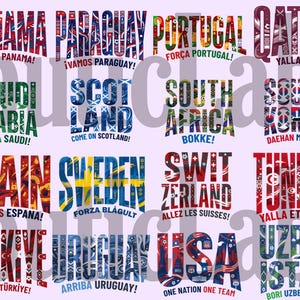 Peut inclure: Une affiche pr&eacute;sentant les noms de diff&eacute;rents pays, chacun dans une police unique et rempli de motifs et de couleurs repr&eacute;sentant leurs drapeaux. Le texte comprend "Panama", "Paraguay", "Portugal", "Qatar", "Arabie Saoudite", "&Eacute;cosse", "Afrique du Sud", "Cor&eacute;e du Sud", "Espagne", "Su&egrave;de", "Suisse", "Tunisie", "Turquie", "Uruguay", "USA" et "Ouzb&eacute;kistan."