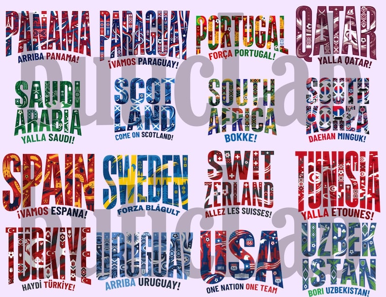 Peut inclure: Une affiche pr&eacute;sentant les noms de diff&eacute;rents pays, chacun dans une police unique et rempli de motifs et de couleurs repr&eacute;sentant leurs drapeaux. Le texte comprend "Panama", "Paraguay", "Portugal", "Qatar", "Arabie Saoudite", "&Eacute;cosse", "Afrique du Sud", "Cor&eacute;e du Sud", "Espagne", "Su&egrave;de", "Suisse", "Tunisie", "Turquie", "Uruguay", "USA" et "Ouzb&eacute;kistan."