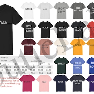 Peut inclure: Plusieurs t-shirts de diff&eacute;rentes couleurs, dont blanc, noir et rouge, sont pr&eacute;sent&eacute;s. L'image comprend un tableau des tailles avec des mesures en pouces et en centim&egrave;tres, et les mots "Largeur" et "Longueur" sont &eacute;tiquet&eacute;s sur un t-shirt noir.