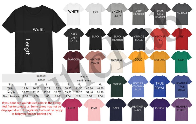 Peut inclure: Plusieurs t-shirts de diff&eacute;rentes couleurs, dont blanc, noir et rouge, sont pr&eacute;sent&eacute;s. L'image comprend un tableau des tailles avec des mesures en pouces et en centim&egrave;tres, et les mots "Largeur" et "Longueur" sont &eacute;tiquet&eacute;s sur un t-shirt noir.