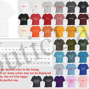 Peut inclure: Plusieurs t-shirts de diff&eacute;rentes couleurs, dont blanc, noir, rouge et bleu, sont pr&eacute;sent&eacute;s. L'image comprend un tableau des tailles avec des mesures en centim&egrave;tres. Le texte sur l'image indique : &laquo; Si vous ne voyez pas la couleur souhait&eacute;e... &raquo; et &laquo; pour vous aider &agrave; trouver la parfaite &raquo;.