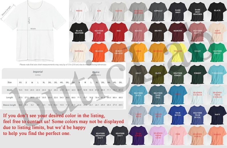 Peut inclure: Plusieurs t-shirts de diff&eacute;rentes couleurs, dont blanc, noir, rouge et bleu, sont pr&eacute;sent&eacute;s. L'image comprend un tableau des tailles avec des mesures en centim&egrave;tres. Le texte sur l'image indique : &laquo; Si vous ne voyez pas la couleur souhait&eacute;e... &raquo; et &laquo; pour vous aider &agrave; trouver la parfaite &raquo;.
