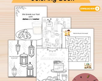 May include: An Islamic themed coloring book featuring multiple printable pages with black and white line art illustrations of lanterns, food, and people. The pages include text such as We break our fast with dates and water, Zakat, and Eid Mubarak.