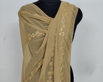 Chiffon Dupatta: floral motis with leaf stripped pattern, Lightweight Scarf, Sheer, Wrap, Overlay