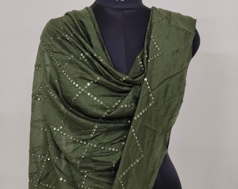 Cotton blend Dupatta, Geometric Diamond patterned Sequined Embroidery, WrapLightweight Festive Scarf, Sheer, Overlay