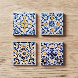 Sottobicchiere in ceramica stile piastrelle spagnole / Sottobicchieri in stile Talavera mediterraneo con retro in sughero / Impermeabile, decorazione per tavolino da caffè, idea regalo