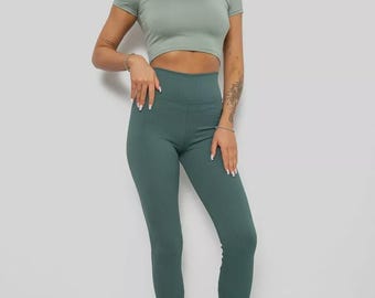 Leggings de cintura alta acanalados, pantalones de yoga de algodón orgánico, ropa informal para mujer, leggings básicos para el día a día.
