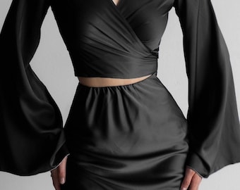 Satin Silk Crop Top and Skirt Set, Elegant Two-Piece Matching Outfit