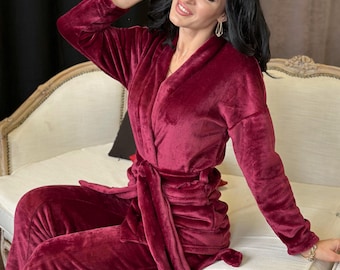 Women's Terry Cloth Lounge Set, Robe and Wide Leg Pants, Cozy Loungewear