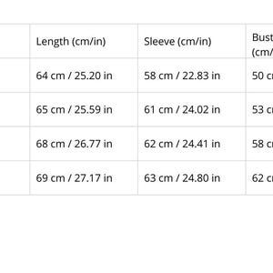 May include: A white sizing chart table with black text listing garment measurements for sizes S, M, L, and XL. Columns include Size, Length, Sleeve, and Bust/Half Chest with values provided in both centimeters and inches for US sizes 6 through 12.