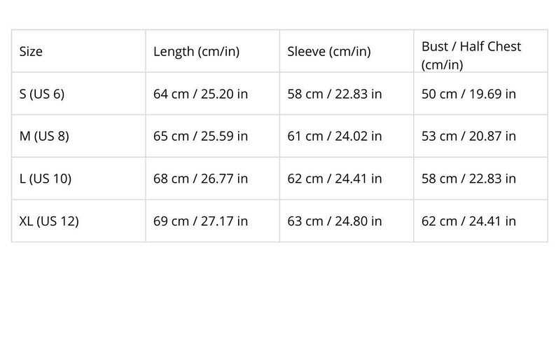 May include: A white sizing chart table with black text listing garment measurements for sizes S, M, L, and XL. Columns include Size, Length, Sleeve, and Bust/Half Chest with values provided in both centimeters and inches for US sizes 6 through 12.