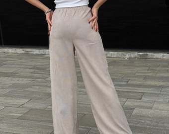 Pantalones Palazzo para mujer, de tiro alto y pierna ancha: negro, beige, gris y chocolate