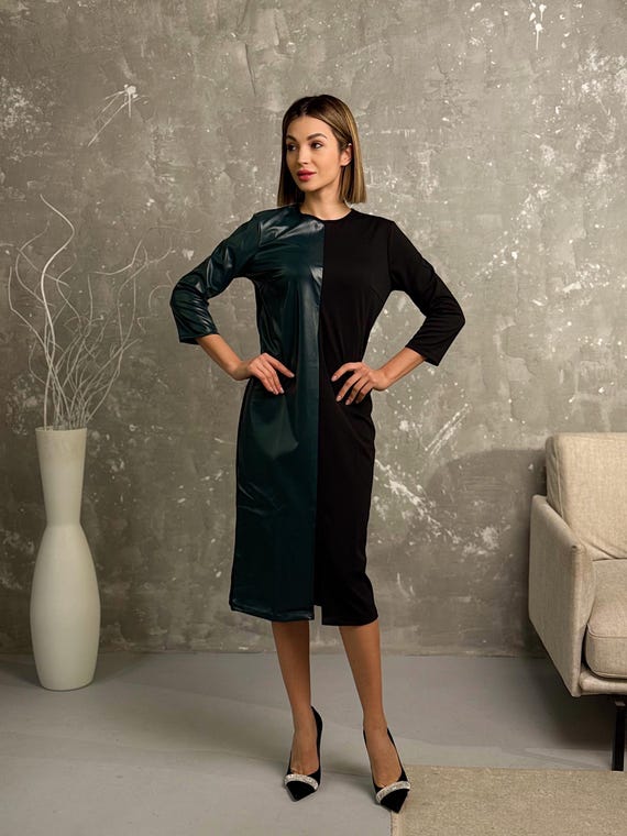 3 4 sleeve midi dresses cocktail and party Faux Leather Dress, Elegant 3/4 Dress, Outfit, Size:UW16W Floral Puff Sleeve Bodycon silver thread wor Cocktail attire this imported printed wrap