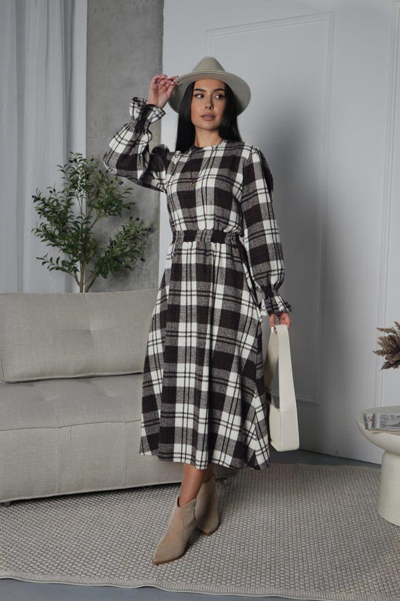 checkered knit midi dress A-Line Plaid Multi-Stitch Knit Midi Dress