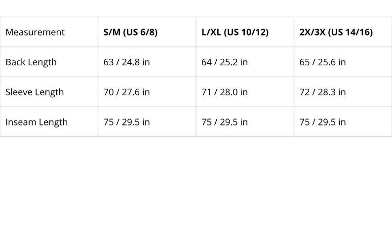 May include: A white table displays a size chart for clothing measurements. The chart includes back length, sleeve length, and inseam length in inches for sizes S/M, L/XL, and 2X/3X. The back length ranges from 24.8 to 25.6 inches.