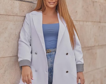 Longline Blazer Jacket with Houndstooth Cuffs – Elegant Office Layering Piece