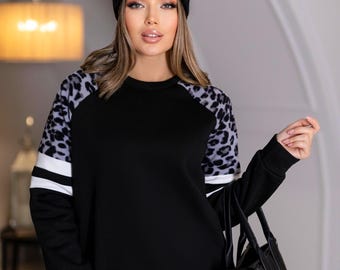 Women's Sweatshirt. Fleece Leopard Sleeve Pullover. Cozy Oversized Jumper. Gift for Her