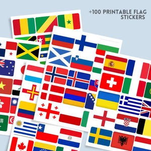 May include: Sheets of stickers featuring various national flags. The stickers are rectangular and display flags from around the world, including the United States, Jamaica, and Japan. The text "+100 PRINTABLE FLAG STICKERS" is visible in the upper right corner.
