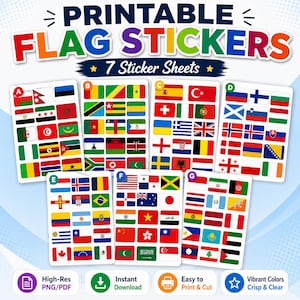 Op de afbeelding: Printbare vlagstickers met vlaggen uit verschillende landen. De afbeelding toont zeven stickervellen, elk met meerdere vlagontwerpen. De tekst bovenaan luidt "PRINTABLE FLAG STICKERS" en "7 Sticker Sheets". De stickers zijn kleurrijk.