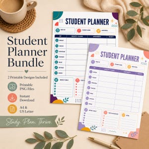 Peut inclure: Deux feuilles de planning étudiant imprimables avec une mise en page en grille pour les jours de la semaine, les matières, les devoirs et les priorités. Les planificateurs incluent des sections pour les objectifs hebdomadaires et les examens.