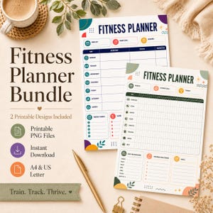 Peut inclure: Un ensemble de planificateurs de fitness comprenant deux feuilles imprimables avec des grilles pour suivre les entraînements, la nutrition et les objectifs. Le texte inclut Fitness Planner, Week Of, Main Goal, Reward et diverses mesures quotidiennes. Le design utilise des icônes colorées.