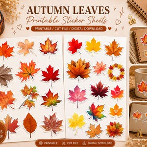 Peut inclure: Deux feuilles d'autocollants imprimables représentant diverses feuilles d'automne dans des tons de rouge, orange, jaune et brun. Le texte indique AUTUMN LEAVES Printable Sticker Sheets, 2 PAGES BUNDLE, PRINTABLE / CUT FILE / DIGITAL DOWNLOAD.