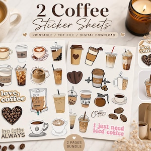 Peut inclure: Deux planches d'autocollants sur le thème du café, avec des tasses, du café glacé et des grains de café. Le texte comprend "2 Coffee Sticker Sheets", "love coffee" et "I just need iced coffee".