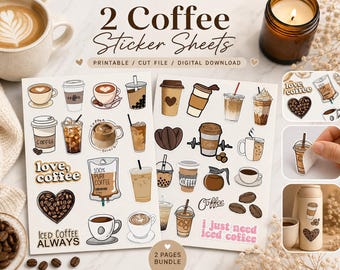 Sticker-Set für Kaffeeliebhaber, druckbare Kaffeesticker, Planersticker für Eiskaffee, PNG-, PDF- und SVG-Schnittdateien