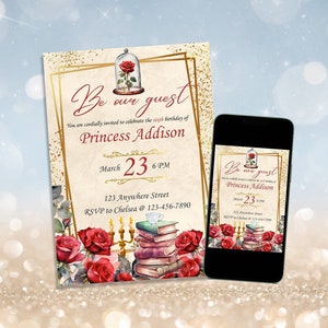 EDITABLE Beauty and the Beast Digital Invitation Edit and Print at Home image 1