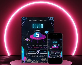 Neon Cosmic Celebration Digital Invitation Edit and Print at Home