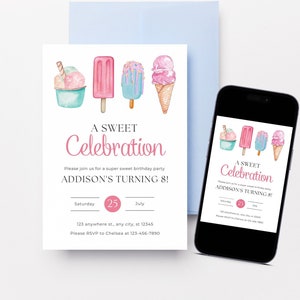A Sweet Celebration, Ice Cream Social Birthday, Digital Invitation, Edit and Print at Home, Text or Email