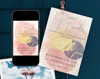 Modern and Glitzy, Rose Gold Dinner and Drinks Party, Digital Invitation Edit and Print at Home