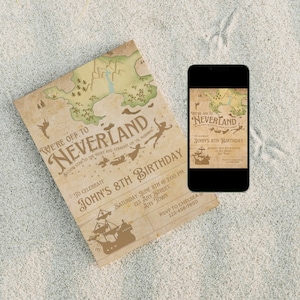 May include: A vintage-style invitation card with a map of Neverland, featuring a pirate ship and the text "We're off to Neverland to celebrate John's 8th Birthday".