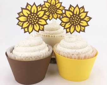 Sunflower Themed, Brown, Cream, and Yellow Cupcake Wrappers Set of 12  By Your Little Cupcake