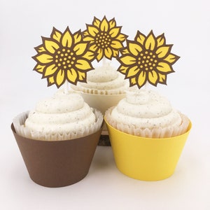 Sunflower Themed, Brown, Cream, and Yellow Cupcake Wrappers Set of 12  By Your Little Cupcake