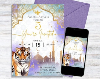 May include: A purple invitation with gold accents for a 5th birthday party. The invitation features a tiger, a genie lamp, and the text "Princess Aayla is turning 5 You're Invited June 2023 Saturday 15 at 1 PM 15 IS ANYWHERE ST ANY CITY ST 123 RSVP to Chelsea at 123-456-7000".
